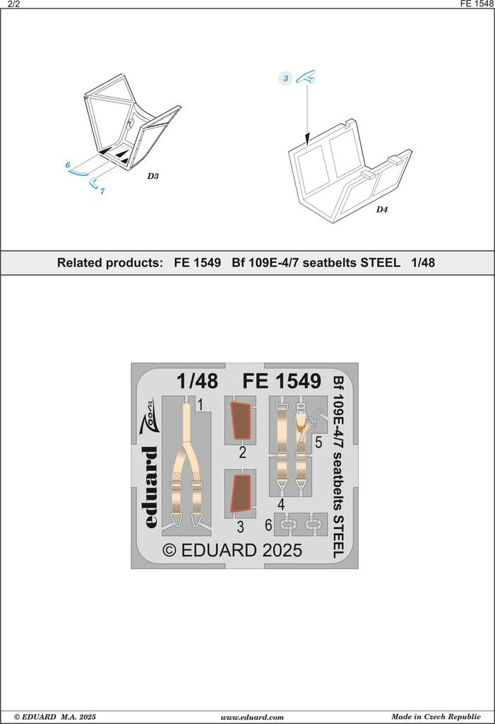 Eduard Zoom Ätzteile Kunststoffmodellbausatz Teile EDUFE1548 1/48 Bf109E-4/7 (für Tamiya) (Flugzeug)
