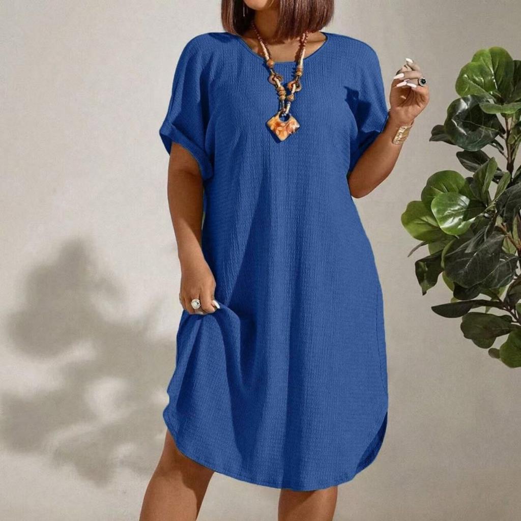 European and American Large-size Women's Clothing New Short-sleeved Solid Color Dress
