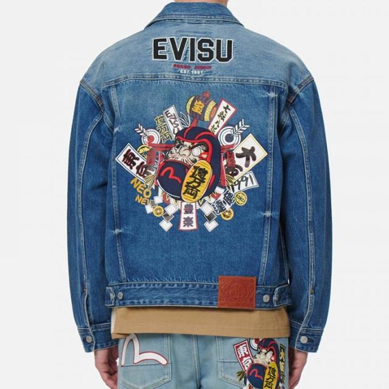 EVISU Denim Jackets Men's Denim Blue Lapel Moderate Straight Fit 2ESHTM2DJ708LFCT