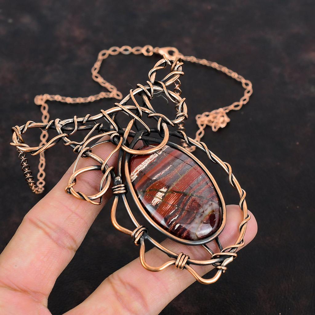 Red Snakeskin Jasper Necklace Copper Wire Wrapped Handmade Necklace Adjustable Chain Necklace Gemstone Copper Wire Jewelry Anniversary Gifts