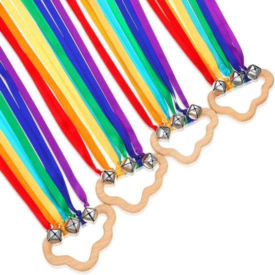 4 Pieces Rainbow Hand Ribbon Kite with Bells Wind Wand Dancing Ribbon Streamer Cloud Wood Sensory Toys Wooden Educational Toy for Party Birthday Rainbow Colors