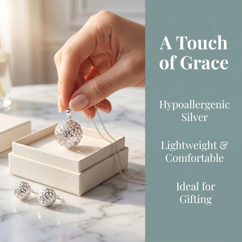 925 Sterling Silver Stylish Simple Hollow-out Exquisite Ball Earrings Necklace Set, Birthday Anniversary Wedding Party Gift