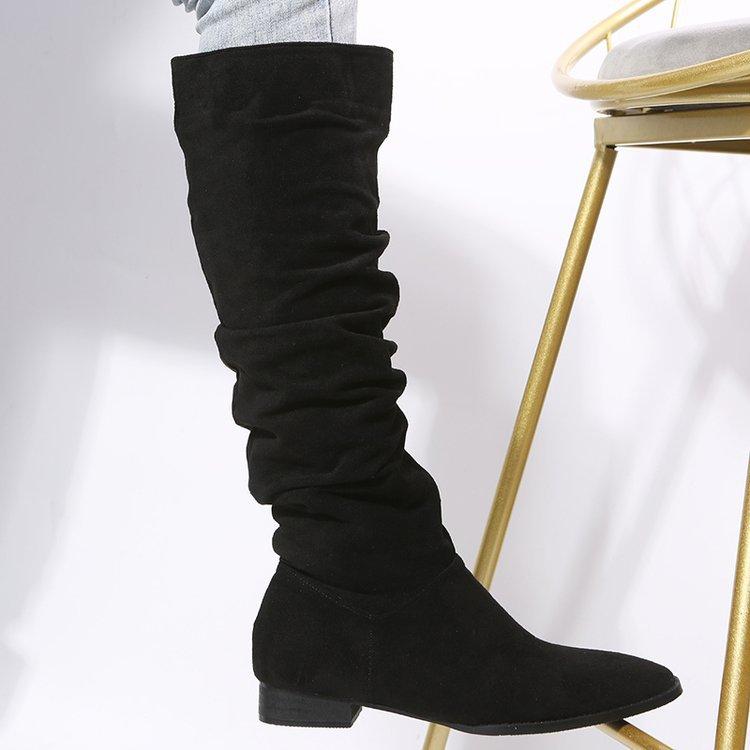 2025 Winter New Pleated Boots Women's Foreign Trade Large Size Tall Martin Boots European and American Suede Thick Heel Piled Riding Boots