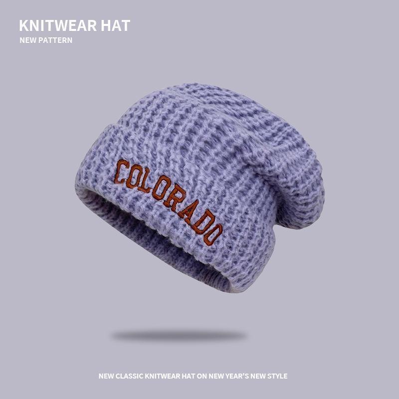 Gray wool hat women's autumn and winter versatile big head circumference knitted hat showing face small pile hat loose hat tide