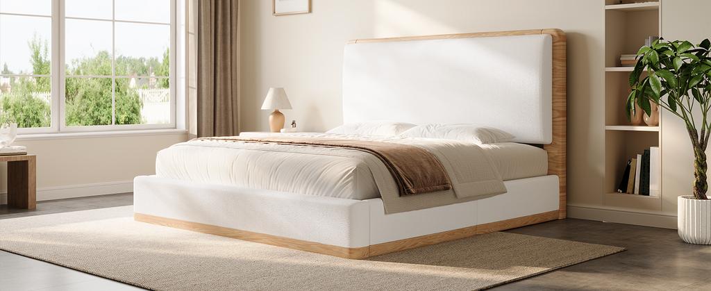 140x200 Upholstered Platform Bed with Hydraulic Storage Space under the Bed, White + Natural Wood Tones