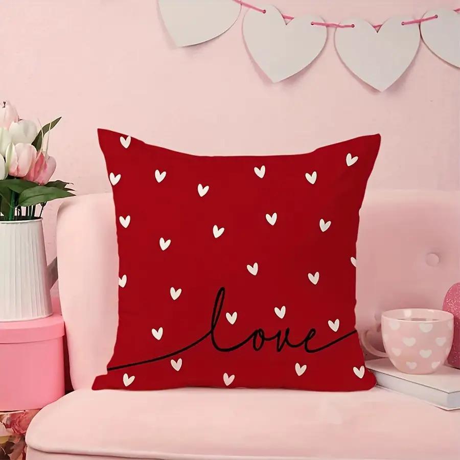 4pcs 2D Valentine's Day Heart-Shaped Pillowcase with Red and White Pattern,Machine Washable, Polyester Fiber Decorative Cushion Cover 18x18 inch