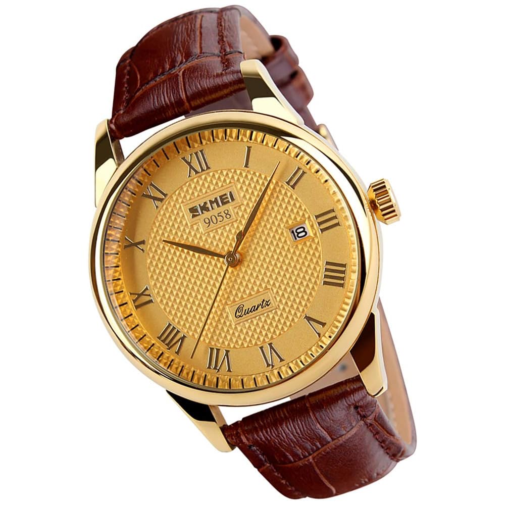 Men s Classic Analog Quartz Watch Gold Brown Leather Band Waterproof Casual Date Display