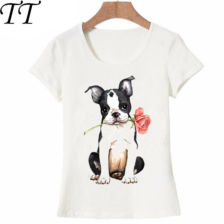 New Valentine Rose maiden TShirt Summer Hipster women tshirt funny Boston Terrier dog design sweet Tops casual ladies Tee