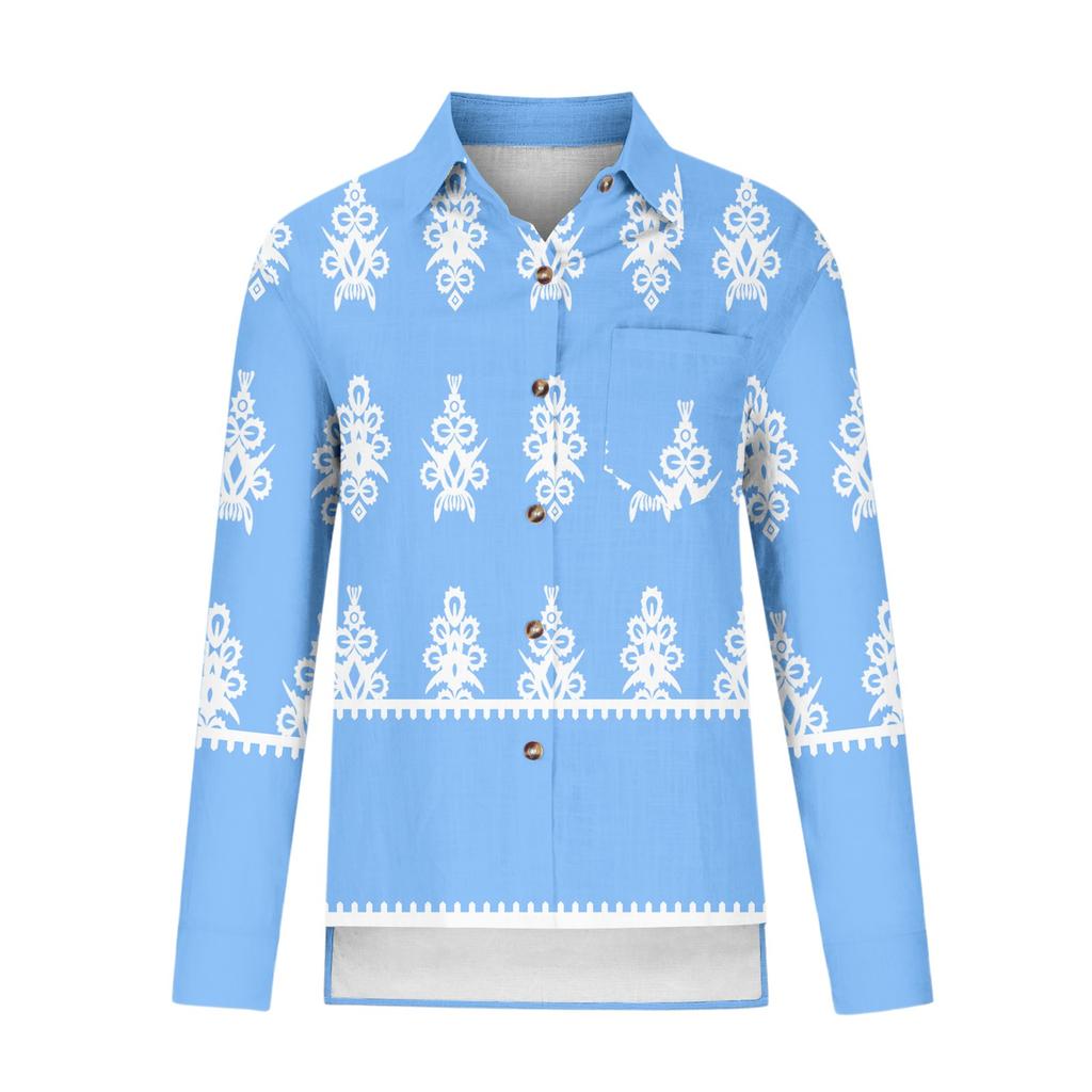 Women's Loose Floral Print Stand Collar Long Sleeve Cotton And Linen Top