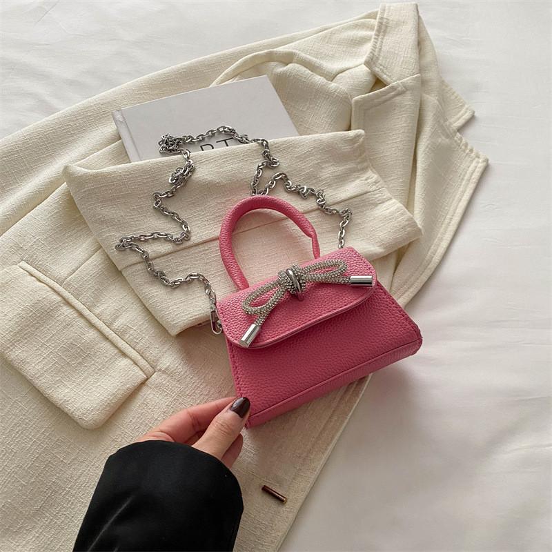 Stylish Mini Square Handbag For Women In Black And Rose Pink With Chain Shoulder Strap