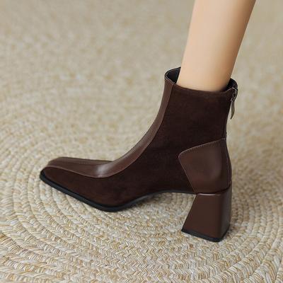 Retro quadratischer Kopf dicker Absatz kurze Stiefel für Damen Französische Farbabstimmung Reißverschluss hinten schlichte Pendler High Heels Einzelstiefel und Stiefeletten für Damen