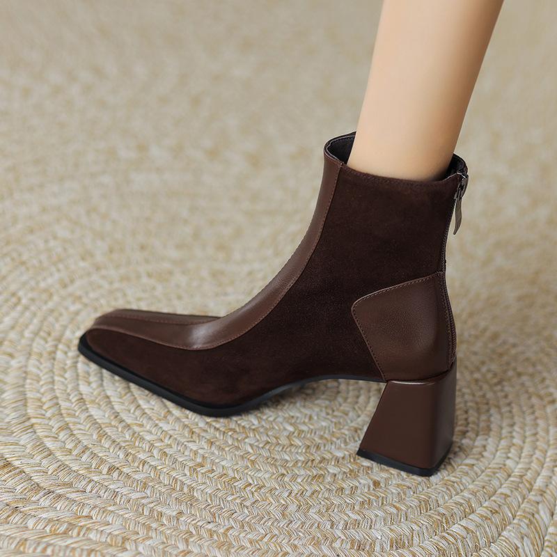 Retro Square Head Thick Heel Short Boots for Women French Color Matching Rear Zipper Simple Commuter High Heel Single Boots and Ankle Boots for Women