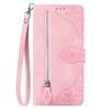 For T-Mobile REVVL 8 Zipper Wallet Case with Strap Flower Imprint PU Leather Phone Cover