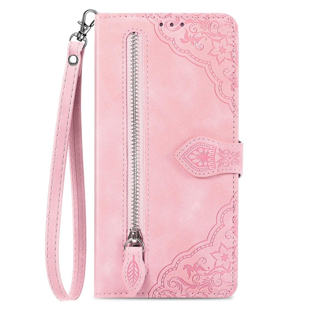 For T-Mobile REVVL 8 Zipper Wallet Case with Strap Flower Imprint PU Leather Phone Cover