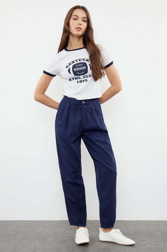 Women's Style jeans Navy Blue Stitching Detailed High Waist Balloon Jeans with Elastic Waist TWOAW25JE00003