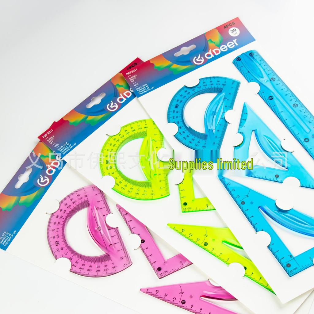 Colorful 4-Piece Ruler Set: 20/30cm, Triangle, Protractor, Straight Ruler