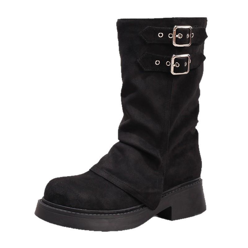 Pants mid-tube boots fashionable one-pedal elastic women's boots 2025 new round head thick-soled suede thin casual boots