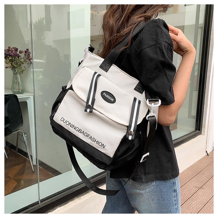 Japanese Style Color Block Canvas Tote Bag for Students, Large Capacity Book Shoulder Bag with Handles, Casual School Commute Handbag