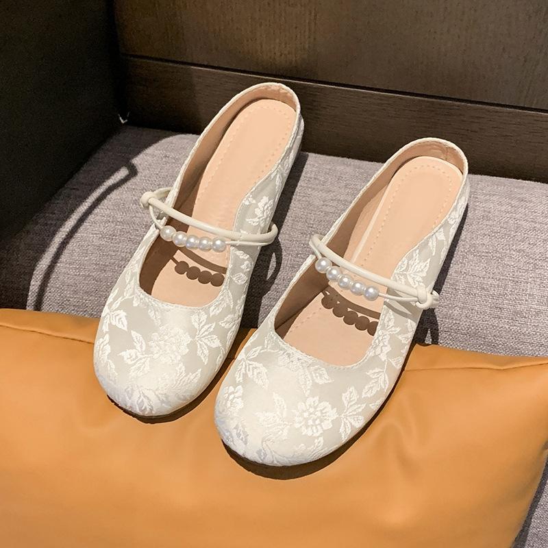 Pearl Word with Jacquard Bag Head Half Slippers Women's Autumn Wear Fashion Mary Jane Single Shoes
