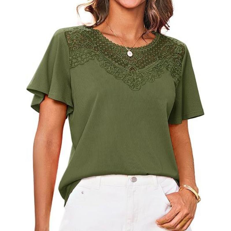Round Neck Loose Summer Lace Women Blouse Solid Color Short Sleeve Lace Sweet Shirt Ladies Solid Color Elegant Fashion Office Top Basic Sweet Clothing