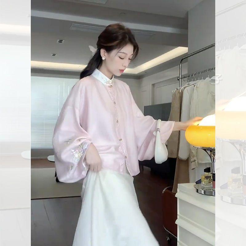 

Шифоновые женские рубашки Китайский стиль Вышивка Блузки Свободные Модные женские топы Весна/Лето Цветочные Винтажная одежда S розовый