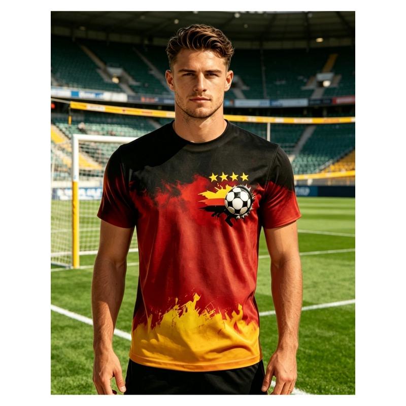 2026 new fan sports men's short-sleeved tops with black, red and yellow gradient splash base + four-star football print