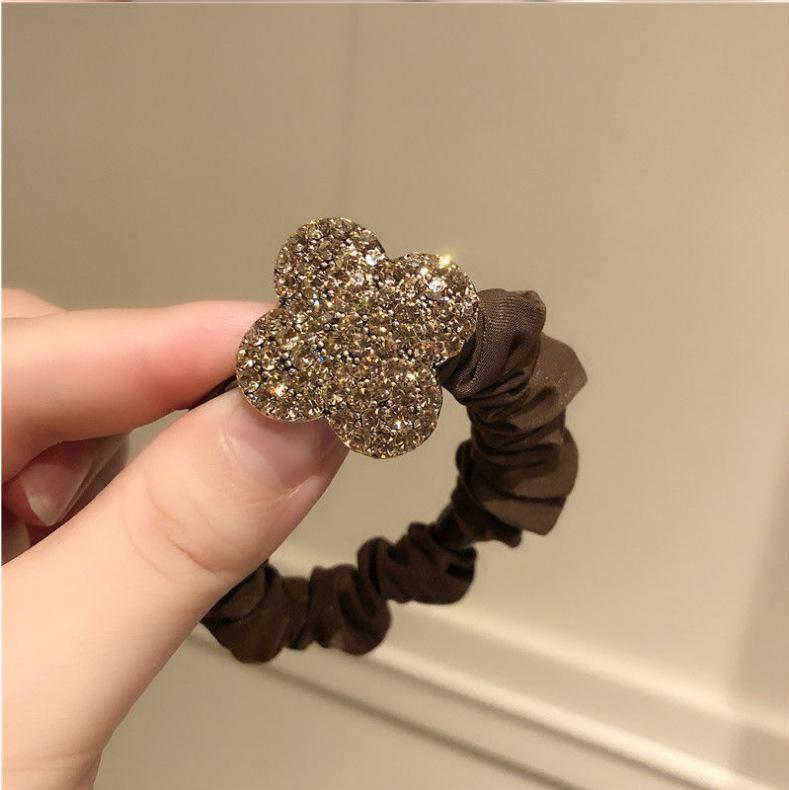 Korean Crystal Diamond Four-Leaf Clover Hair Band - Hair Tie and Ponytail Holder with Leather Case.