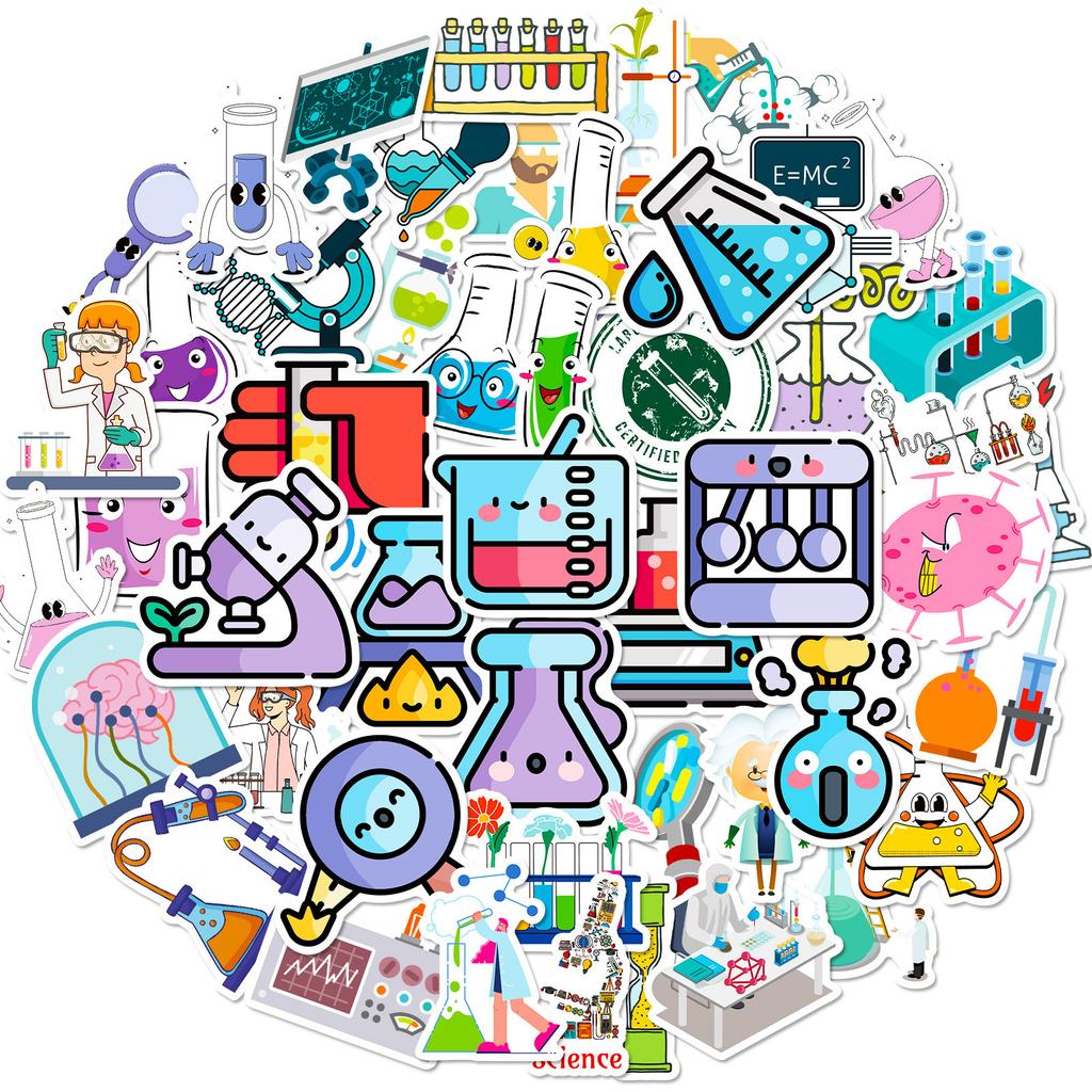 50 Samolepek pro experimentální vědecké vzdělávání Kreslené chemické vybavení Laboratoř Personalizované vědecké samolepky