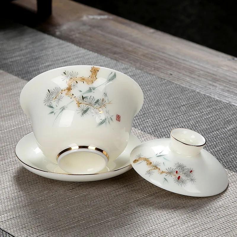 White Jade Porcelain Tea Bowl, Tea Cup and Saucer, Gaiwan, High-End Chinese Household Tea Set, Ceramic Puer Teacups, Tureen