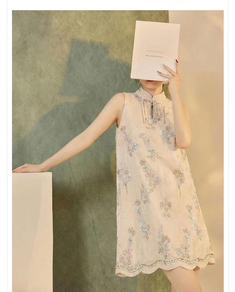 Retro Chinese A-line Sleeveless Floral Dress with Wave Bead Embroidery - Summer Edition P0165