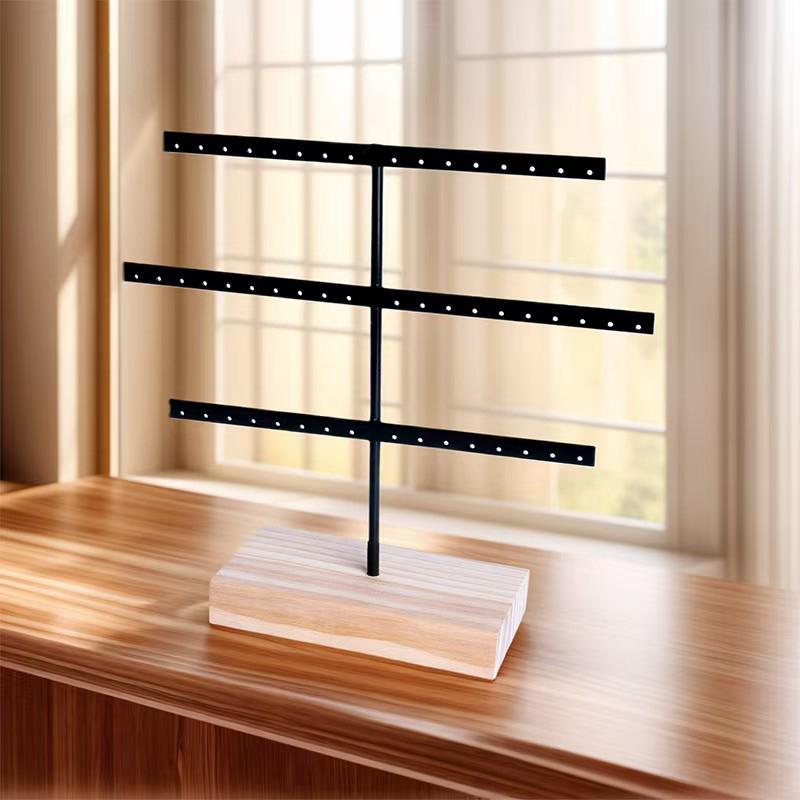 Fashion 52 Holes Earrings Display Stand Iron Necklace Bracelet Anklet Stud Earring Jewelry Storage Rack Holder With Wooden Base