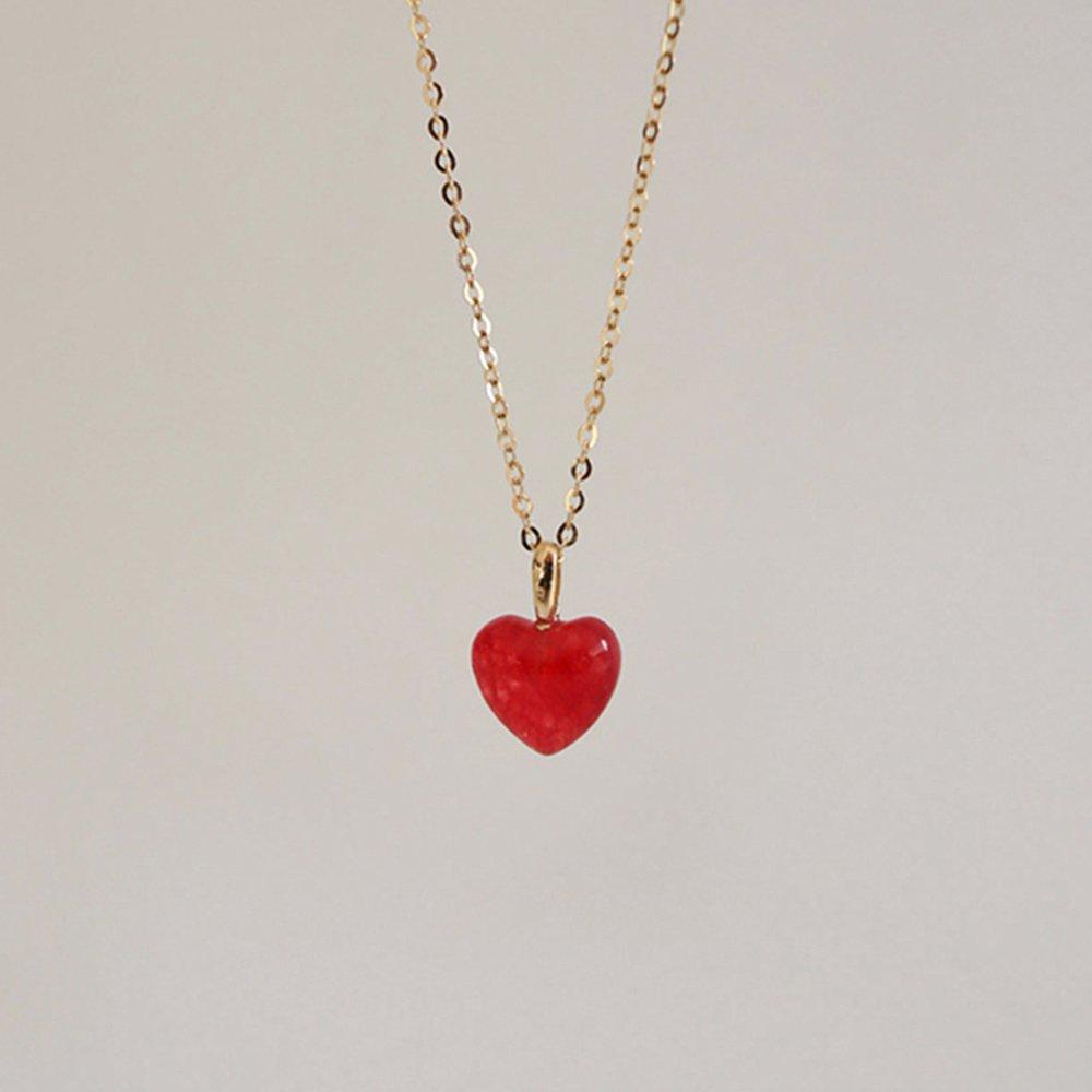 [ Modern Like ] 14K Gold-Filled Silver Red Quartz Crystal Heart Necklace