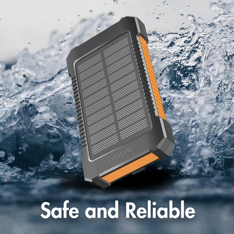LogiLink 8000mAh Solar Power Bank - Orange, 2xUSB Flashlight, Camping