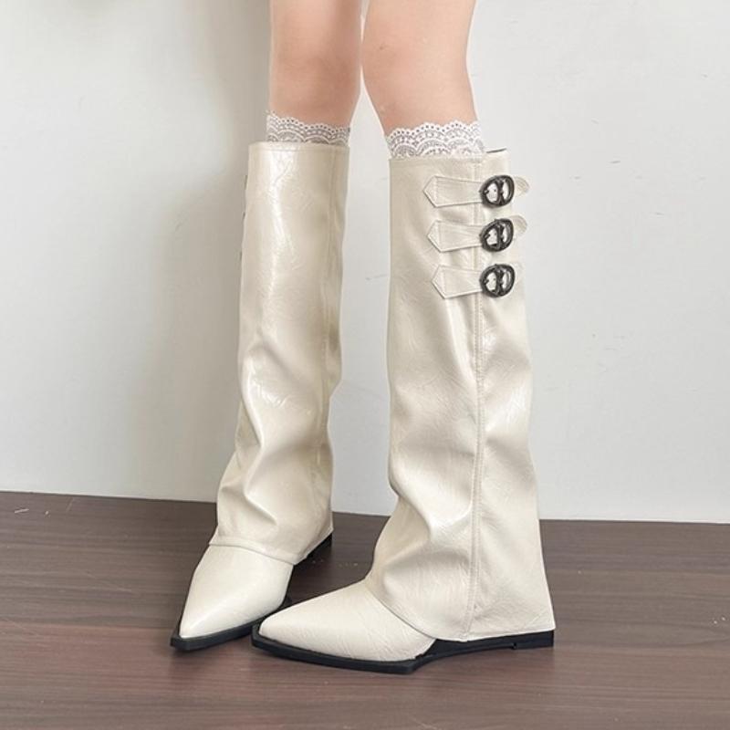 

Fashion Autumn Winter Low Heels Long Boot Splicing Buckle Strap Woman Knee-High Boots Square Style Female Boot 35
