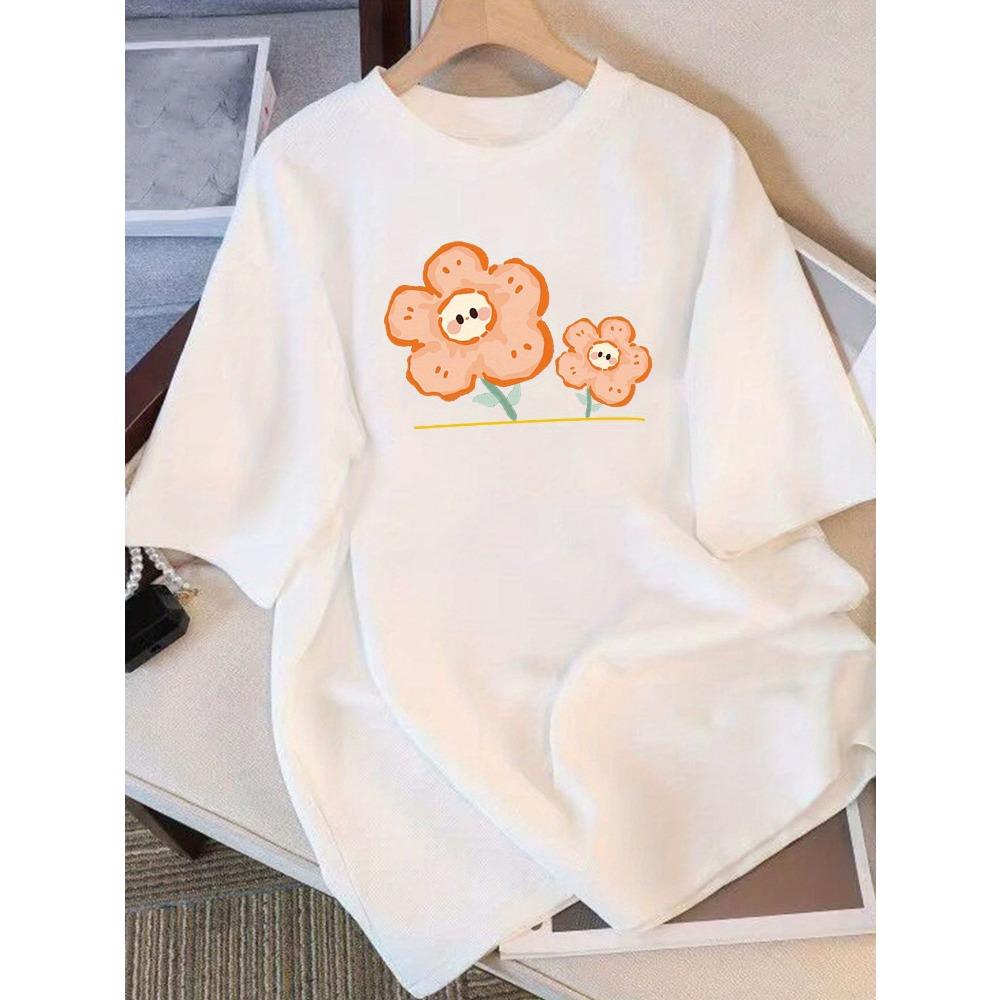 

Women s Pure Short Sleeve with Cute Cartoon Flower Print Fit Round Neck Harajuku Short Sleeve Casual Clothes 2XL