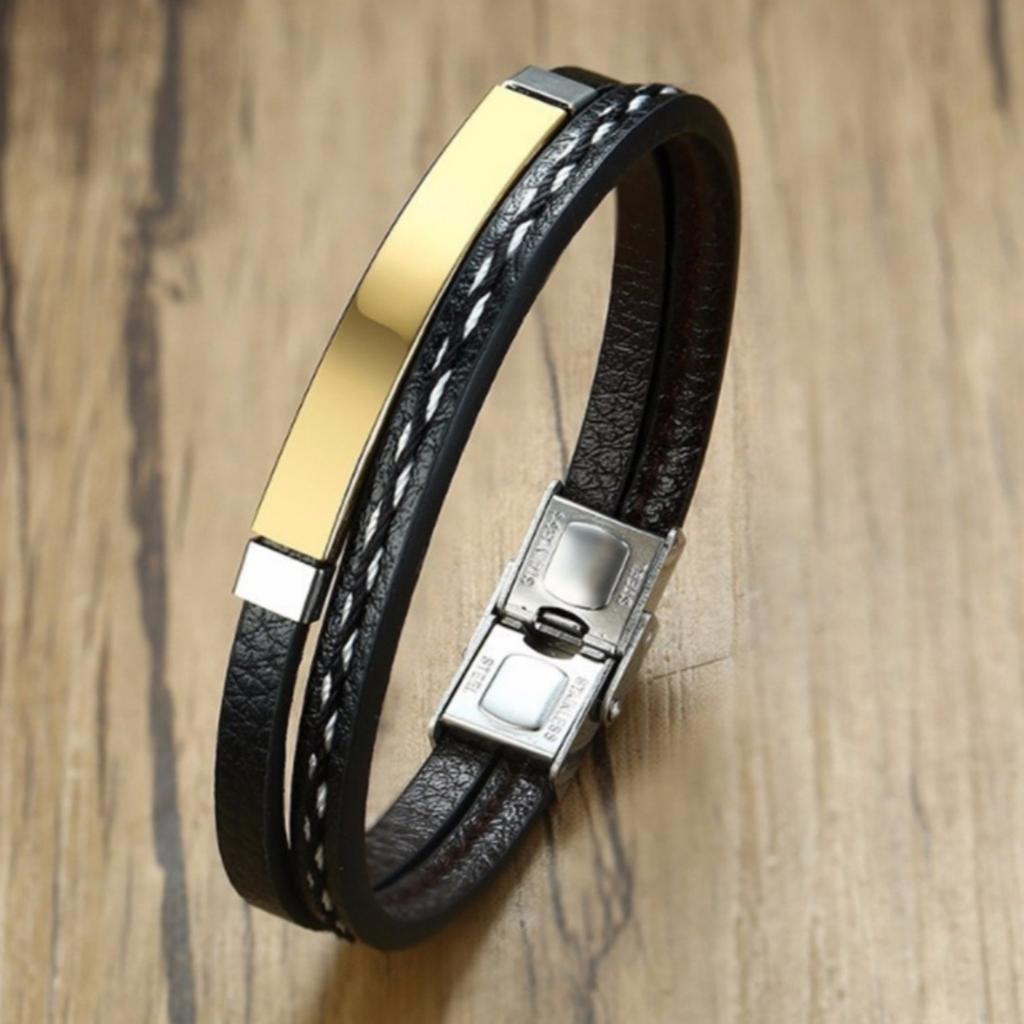 New Trendy Men Leatherwear Weave Bracelet Leisure Color Contrast Stainless Steel Bangle Men's Party Birthday Gift