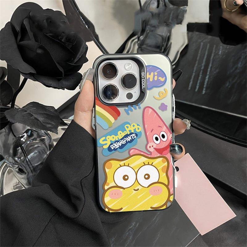 Apple 15pro painted SpongeBob SquarePants 14/13 premium sense 12 colored silver mobile phone case anti-drop hard matte L