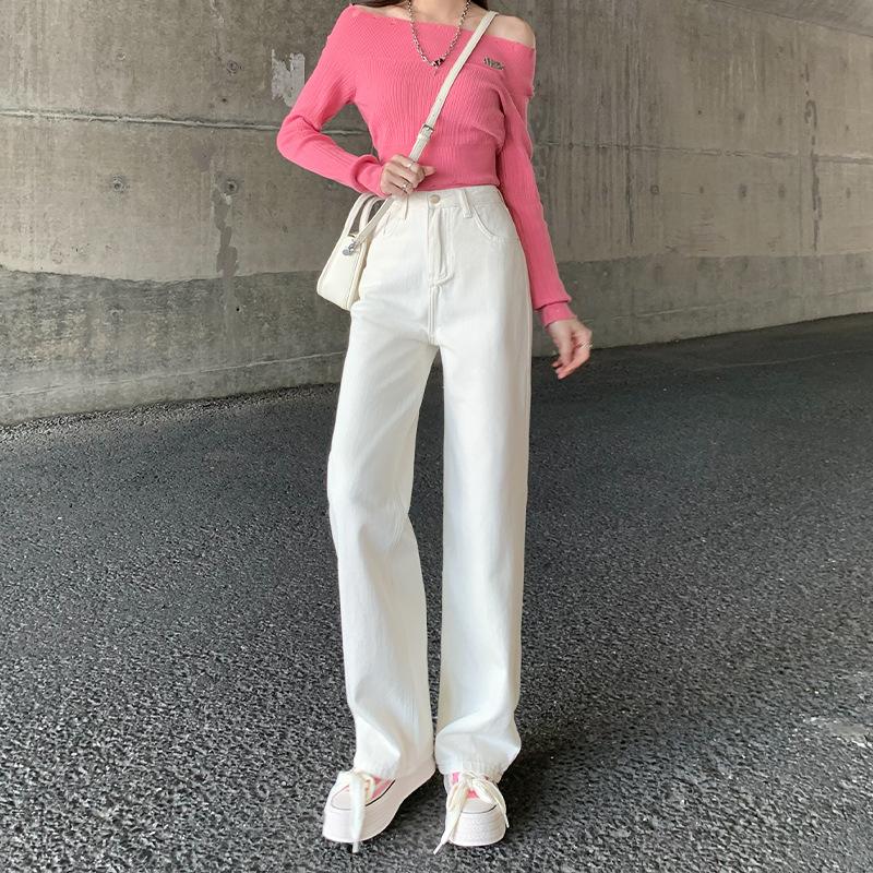 Narrow Version Wide-leg Jeans Women's Autumn Thin Light-colored High-waisted Straight Loose and Thin Small Floor Pants