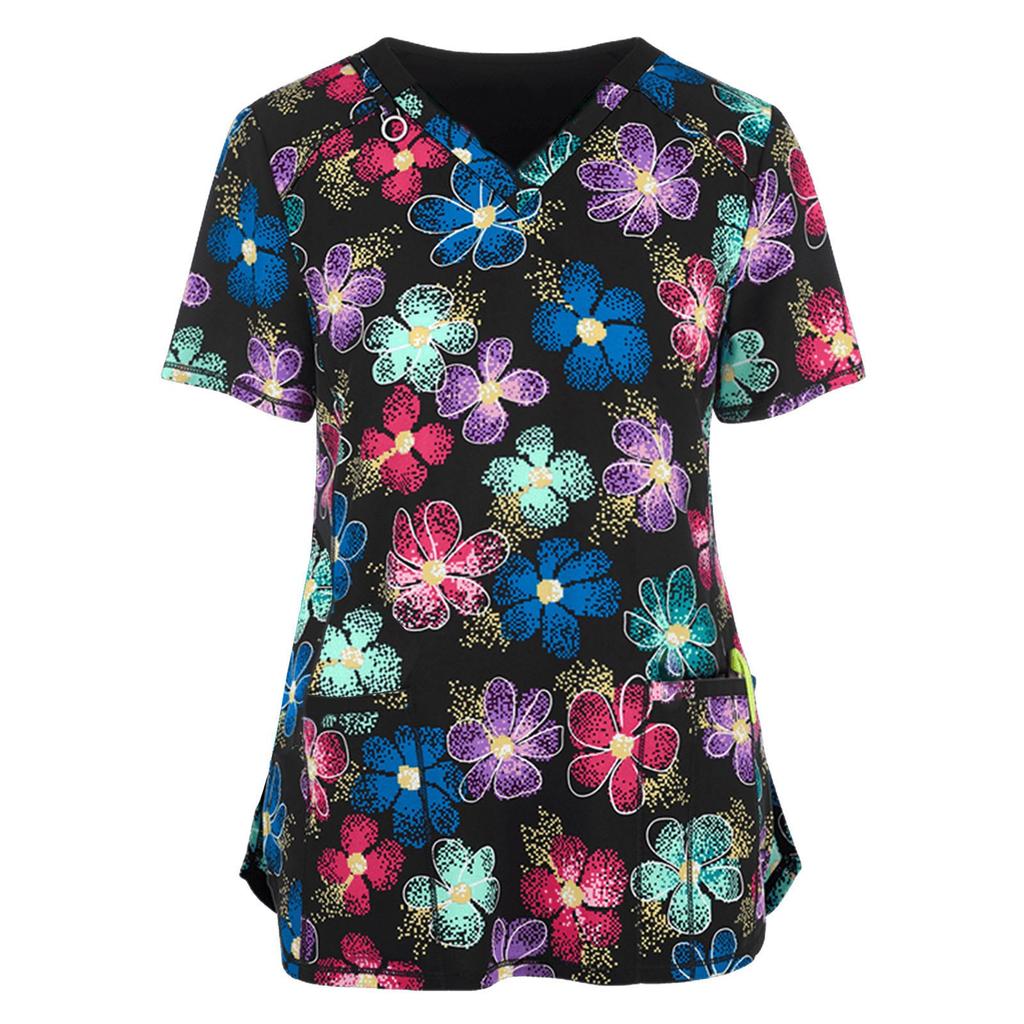 Women Printed Short Sleeve Nurse Scrub Top V Neck Medical Uniform Shirt with Pockets Comfortable Fit Workwear for Healthcare Professionals