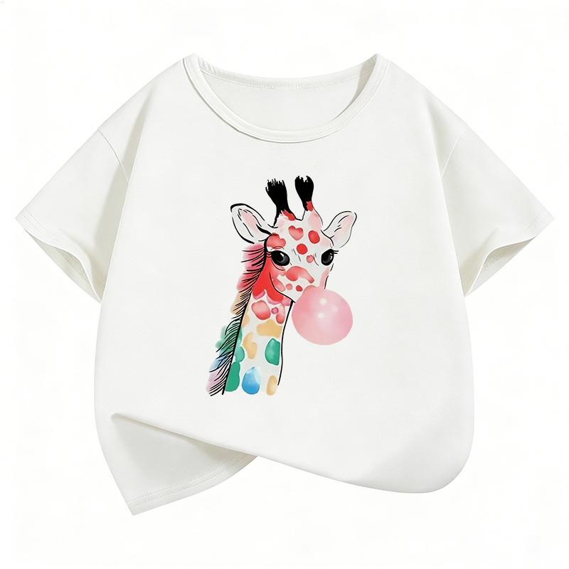 Y2k Giraffe with Gum Printed Short Sleeve T Shirts Animal Kids Children's T-shirt Boys Girls Summer Spring Casual Top Tee Shirt