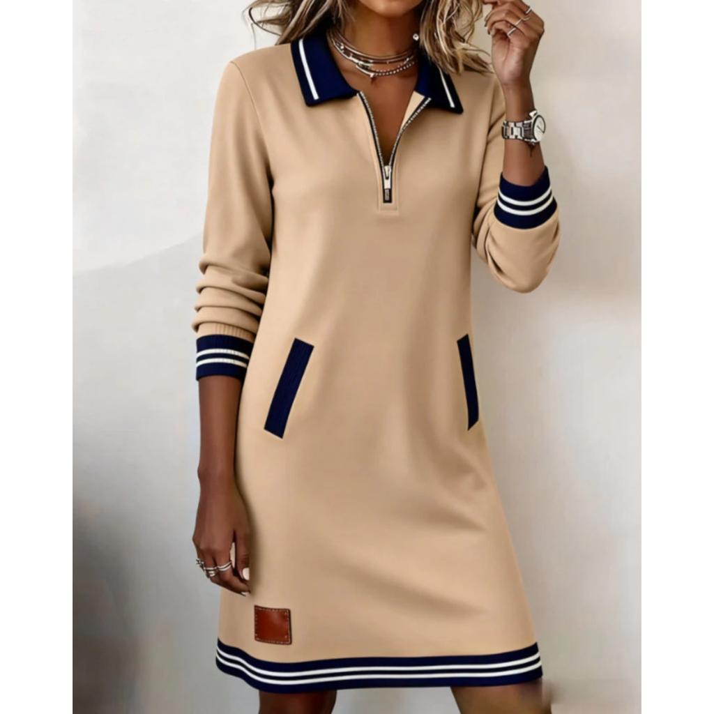 Fall Winter Women's Casual Color Block Dress Zip Collar Long Sleeve Pockets Dress European American Style