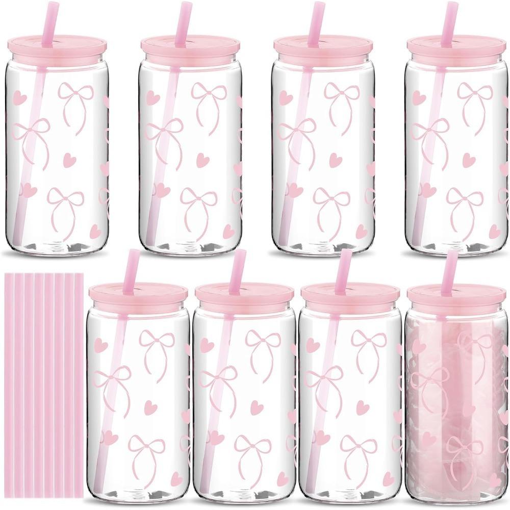 1 Stück Mode 16oz Pinke Schleife Plastik Thermobecher mit Deckel und Strohhalm, Perfekt für Eiskaffee, Ideales Geschenk für Frauen und Schwestern