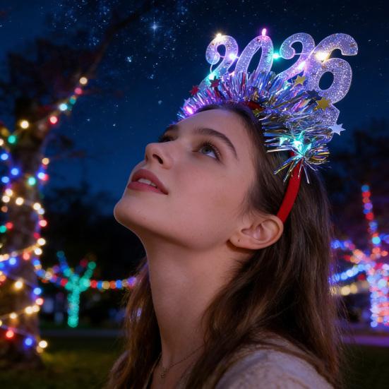 Hair Hoop 2026 Shiny Sequin Headband Elastic Festive Hairband with Plush Ribbons Colorful New Year Party Accessory