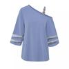 Spring Summer Blouses Women's Slanted Neck Shirt with Loose Five Quarter Sleeves Fashion Casual Solid Color Metal Buckle Single Shoulder Top Women