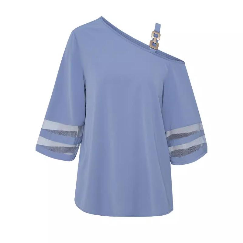 Spring Summer Blouses Women's Slanted Neck Shirt with Loose Five Quarter Sleeves Fashion Casual Solid Color Metal Buckle Single Shoulder Top Women