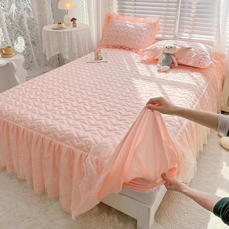 Sábana ajustable acolchada dos en uno, falda de cama, colcha antideslizante de encaje, Funda de colchón