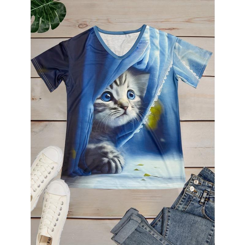 Summer V-neck 3D Cat Printed Top Fashionable Casual Short Sleeved Women's T-shirts