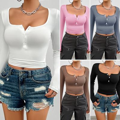 Hauts pour femmes Printemps et Été Décontracté Couleur unie Slim T-shirt à manches longues