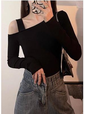 Dames Herfst Off-Shoulder Slankmakende Camisole Bodycon Top met Lange Mouwen