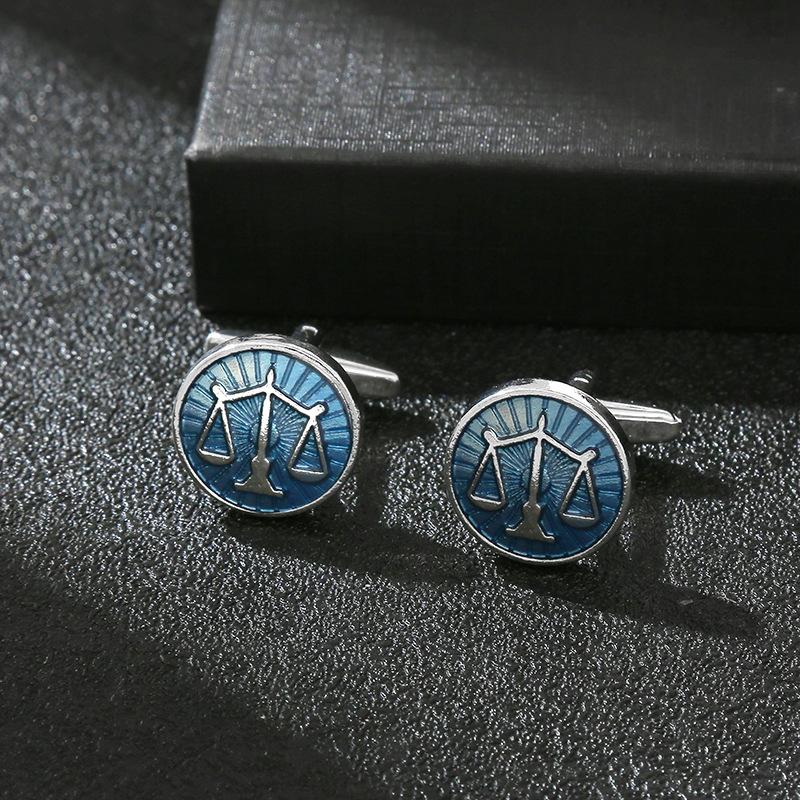 2024 Blue Painted Balance Scale Round Cufflinks Lawyer Suit Men's Shirt Accessories High Quality Alloy Cuff Button Business Gift